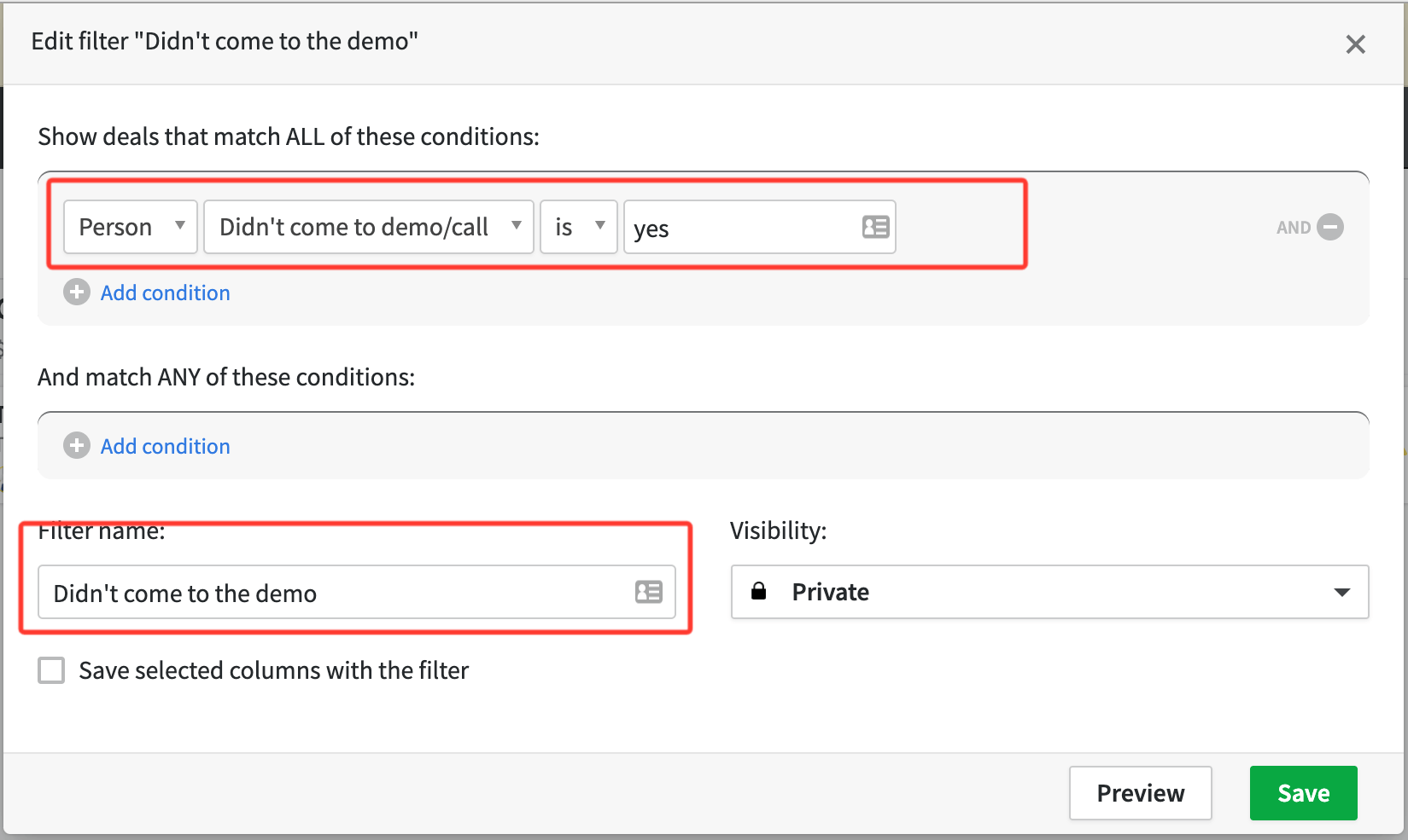 Pipedrive filter