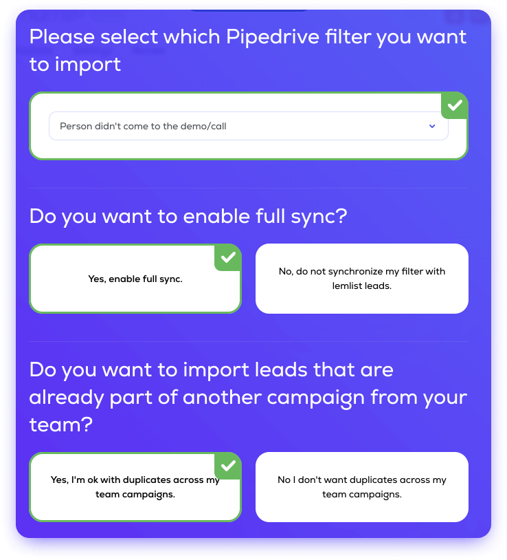Pipedrive filter and settings to create your campaign